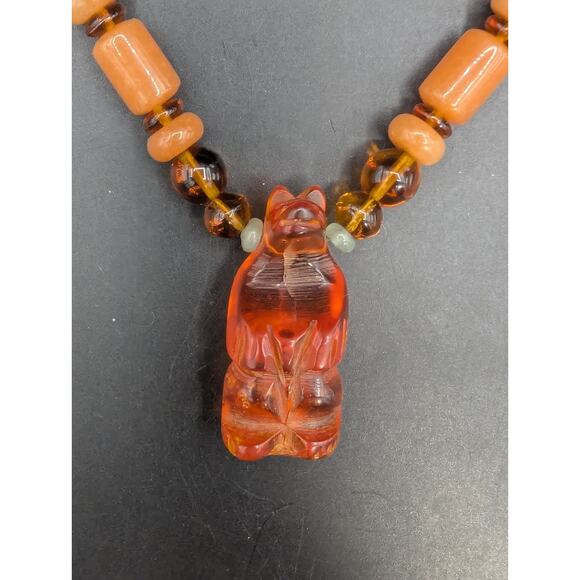 Vintage 925 Sterling Silver Carved Amber Bear Necklace Jade & Carnelian Beads